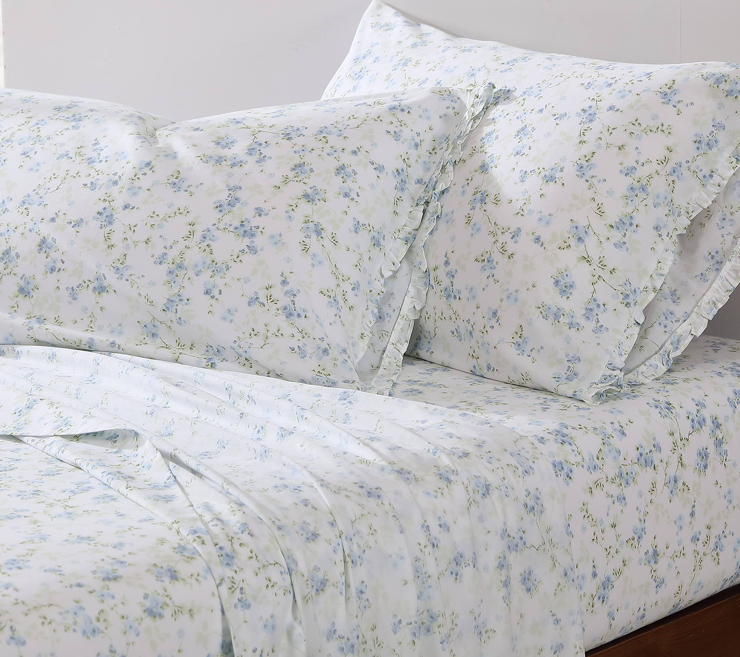 31d1d7dd8137d1bb5fe447938fe374f8c8e9ff00d4334d8a90fb86e1684575c1.jpg Shabby Chic - King Sheets, Soft & Breathable Organic Cotton Bedding Set, Floral Home Decor with Ruffled Pillowcases (Ella Blue, King) - Image 1