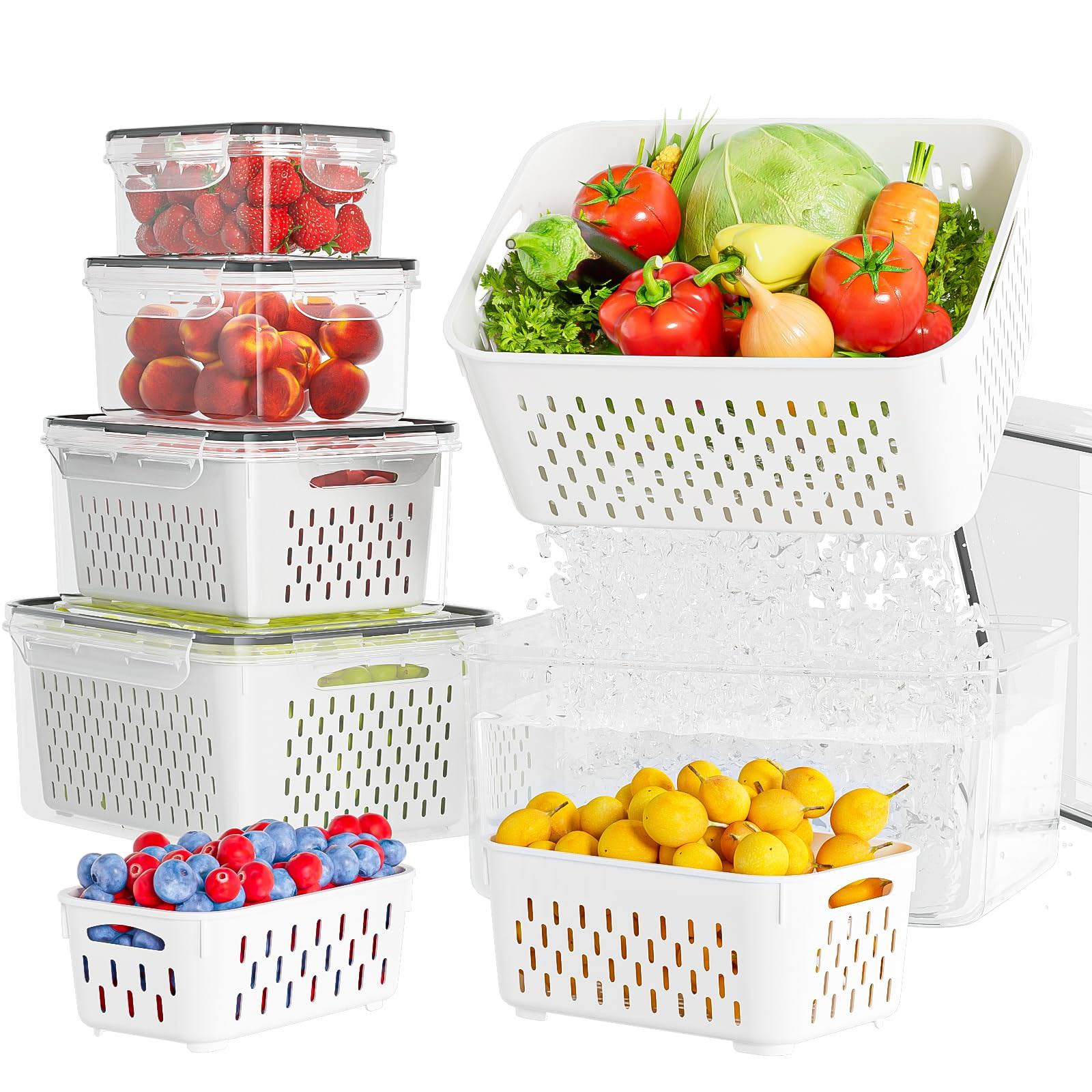 31d370e0ee433046801e3038e39ee1fcfa0598ac0e88cc154ae21790d6bb41fd.jpg KEMETHY 5 Pack Fruit Storage Containers for Fridge with Removable Colanders - Food Storage Containers with Lids, BPA-Free Produce Containers Keep - Image 1