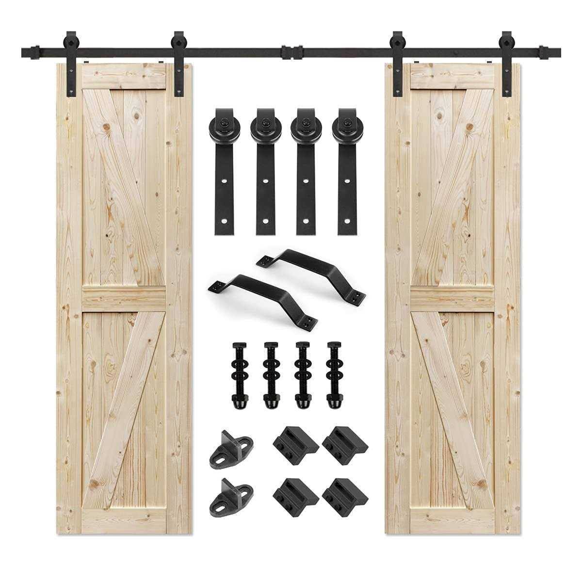 31fac1f3f48fbb492db67db0aeacc0bd29c7585702af12d3b8cbc941e0af5930.jpg S&Z TOPHAND 24 in. x 84 in. Double Unfinished British Brace Knotty Barn Door with 8ft Sliding Door Hardware Kit/Solid Wood/Sliding Door/Double - Image 1