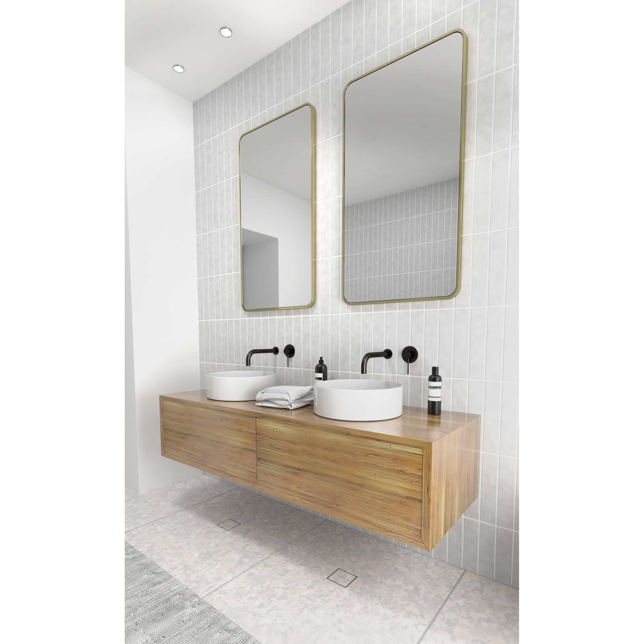 3216d1d53ecdbcd9787813c1e5e6df2619a1f637404b944f4e7957b84a1ef015.jpg Glass Warehouse 22 in. W x 40 in. H Stainless Steel Framed Radius Corner Bathroom Vanity Mirror in Satin Brass - Image 1