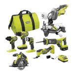 Ryobi PCL1600K2-P553 One+ 18V Cordless 6-Tool Combo Kit with 1.5 Ah and 4.0 Ah Batteries, Charger, and Miter Saw