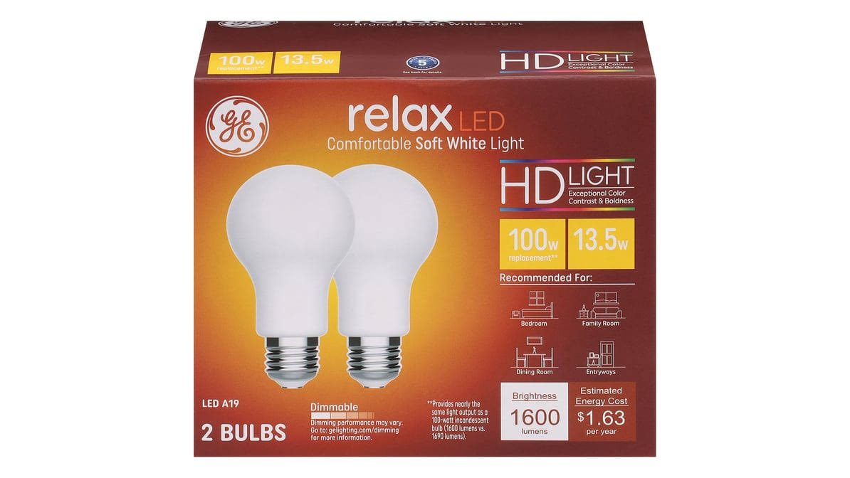 323ed6c5c3ac34f5e57ea287a016976e798ad97244aaba6b047ff839e8be8482.jpg GE 13.5W A19 LED Relax HD Soft White Frosted Light Bulbs - 2 Pk - Image 1