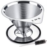 Pour Over Coffee Dripper Stainless Steel LHS Slow Drip Coffee Filter Metal Cone Paperless Reusable Single Cup Coffee Maker 1-2 Cup with Non-Slip Cup