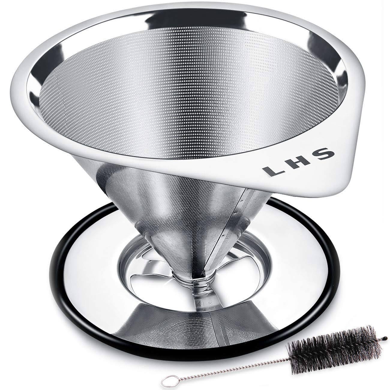 32480f546ea0483a043d17f8e7da4b028340259831406c07cd6bb251cc416fd4.jpg Pour Over Coffee Dripper Stainless Steel LHS Slow Drip Coffee Filter Metal Cone Paperless Reusable Single Cup Coffee Maker 1-2 Cup with Non-Slip Cup - Image 1