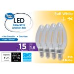 Great Value LED Light Bulb, 1.5 Watts (15w Equivalent) B10 Deco Lamp E12 Candelabra Base, Non-Dimmable, Soft White, 4-Pack