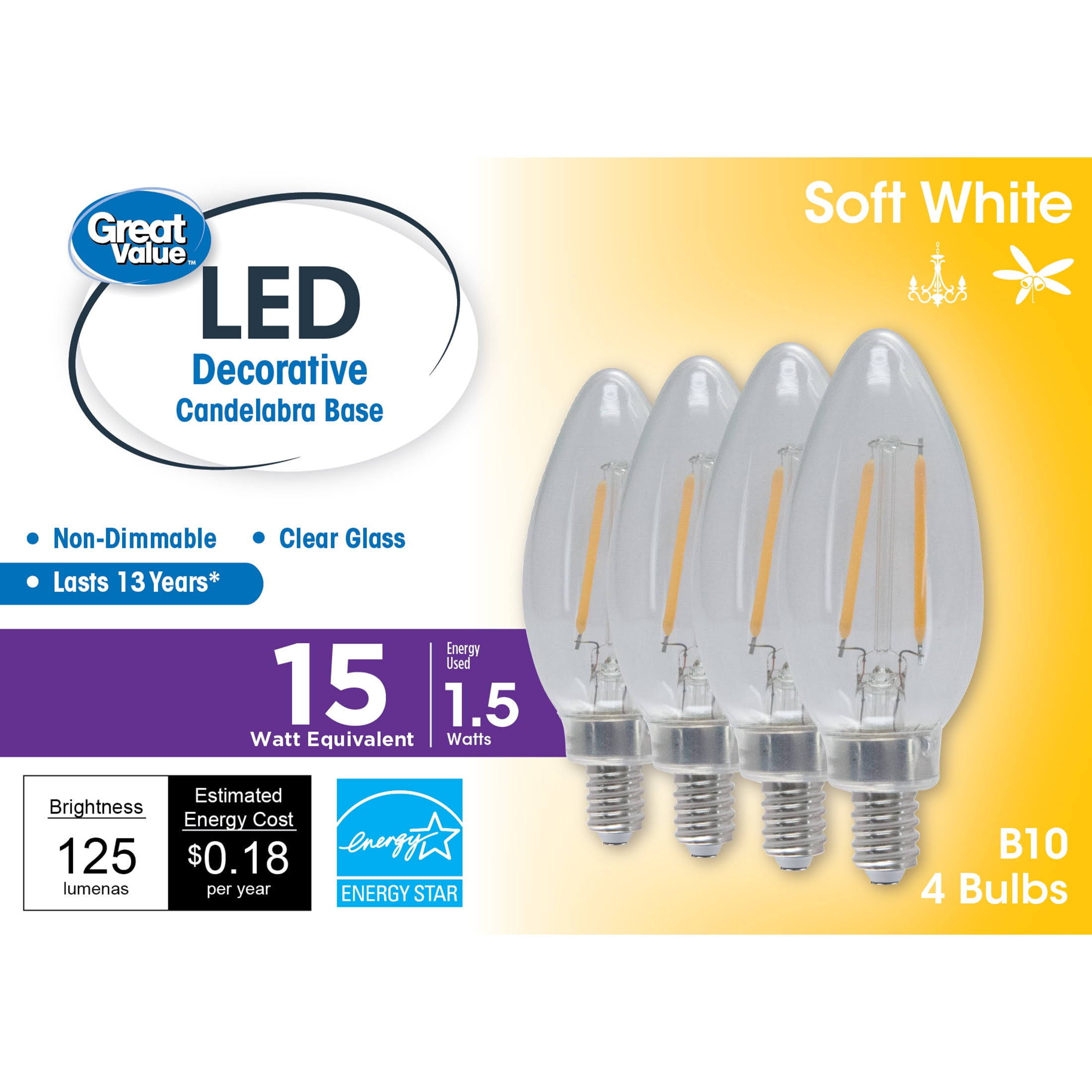 329e7e9356b695b70a55f783534f43df5fad7379cbd7f027b21f391f71742e42.jpg Great Value LED Light Bulb, 1.5 Watts (15w Equivalent) B10 Deco Lamp E12 Candelabra Base, Non-Dimmable, Soft White, 4-Pack - Image 1