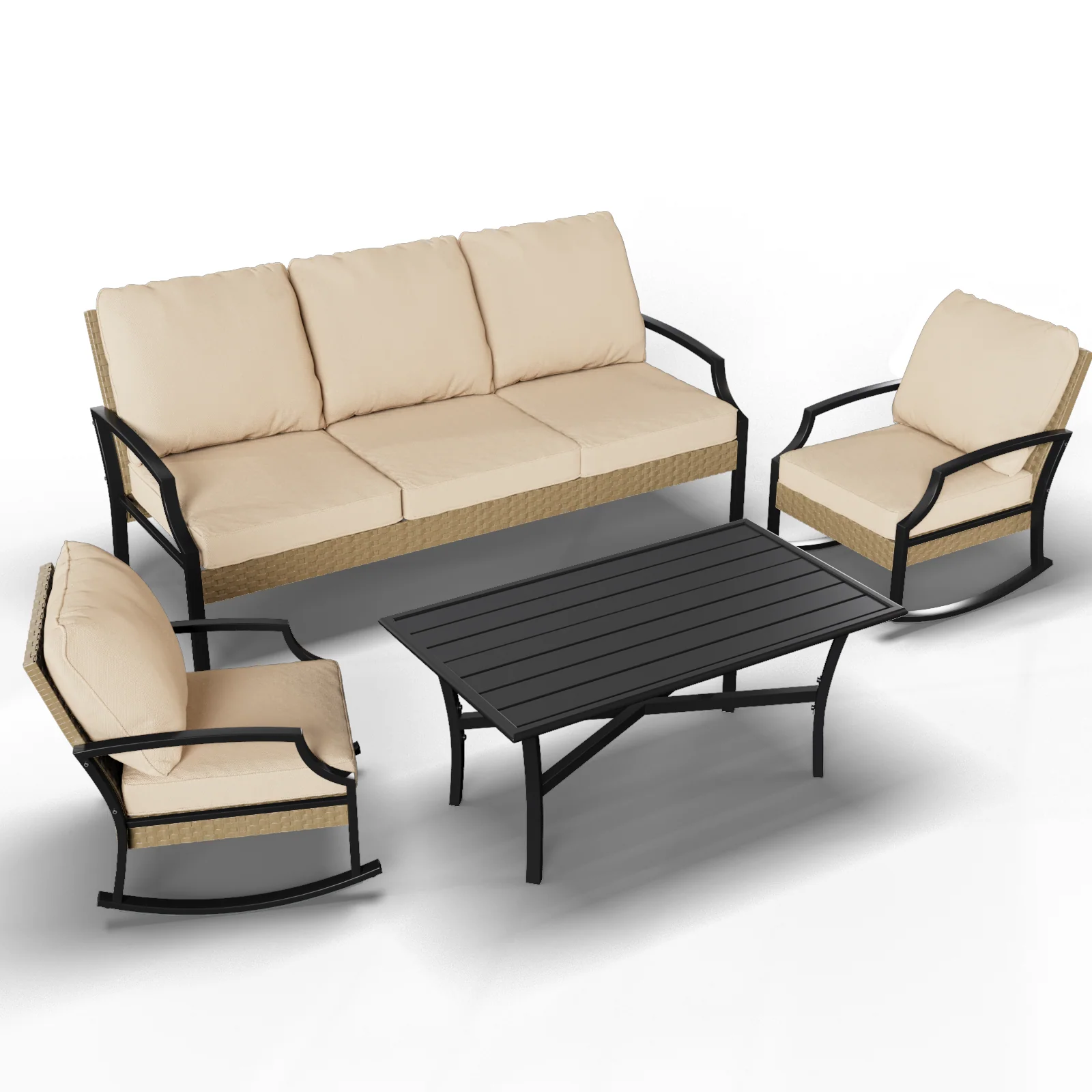 32ed27e185e355a7afe34a766d22cf300224ec02da315d5d585103792a80b876.webp AECOJOY Outdoor Patio Furniture Set with Rocking Chair, 4 Piece Rattan Conversation Bistro Set with Coffee Table, Beige - Image 1