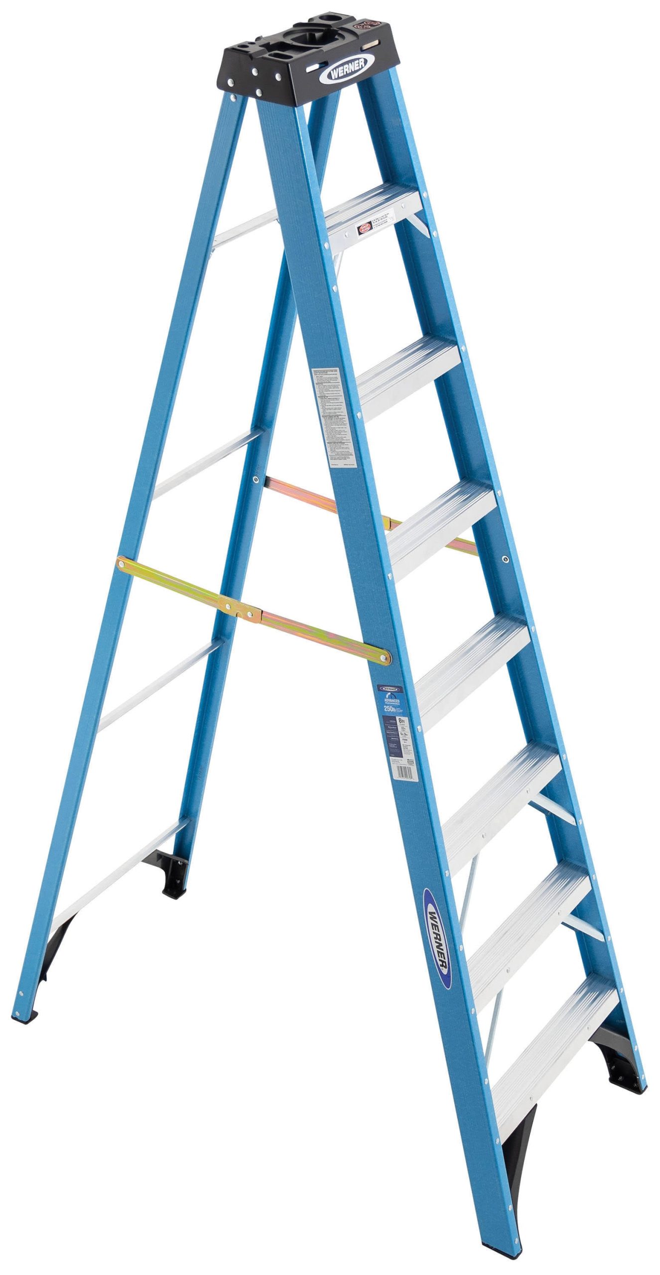 3375cccb2154562384c2ceae40376aab4184fd96318a67ea97d38965756b1b19.jpg Werner 8 ft. Fiberglass Step Ladder with 250 lb. Load Type I(8 ft) - Image 1