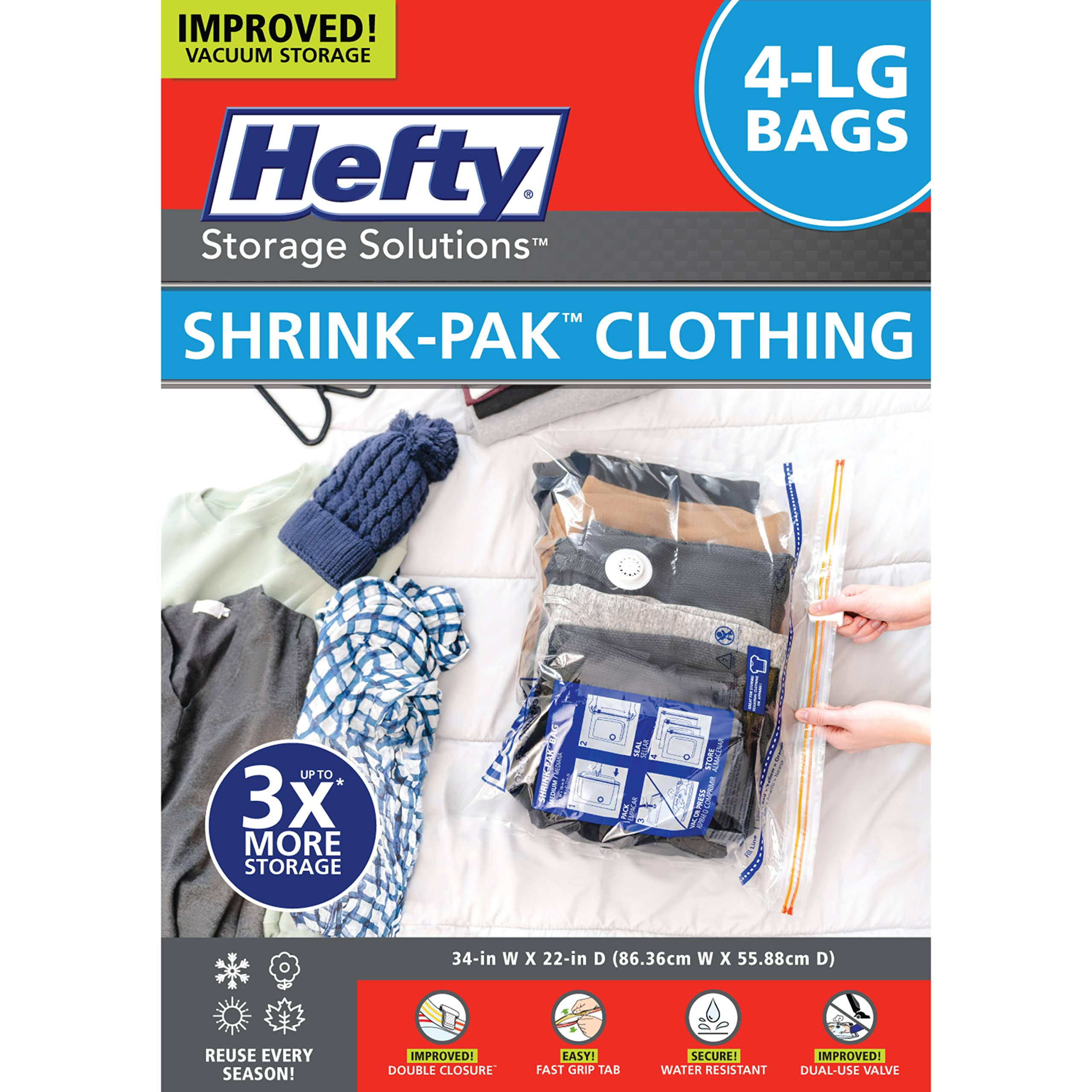 342cbbe24af059f9695f7980eec49293f0be148529fee7d0ec72aede697f3710.jpg Hefty Shrink-Pak - 4 Large Vacuum Storage Bags for Storage for Clothes, Pillows, Towels, or Blankets - Space Saver Vacuum Sealer Bags Ideal Under - Image 1