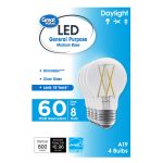 Great Value 18 Year LED Light Bulbs, A19 60 Watts Eqv, E26, Dim, Daylight, Clear Glass, 4 Pack 41605