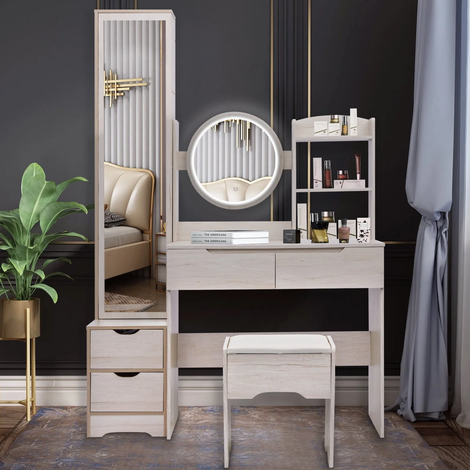 3457dfe10238b529ed83b92ed5a6e89bca8b4d637555a35fbad69c464d8a6431.webp Ubesgoo Lighted Vanity Table Set, Dressing Table with Full Length Mirror, Bedroom Makeup Table with Hidden Stoarge Cabinet, White Oak Color - Image 1