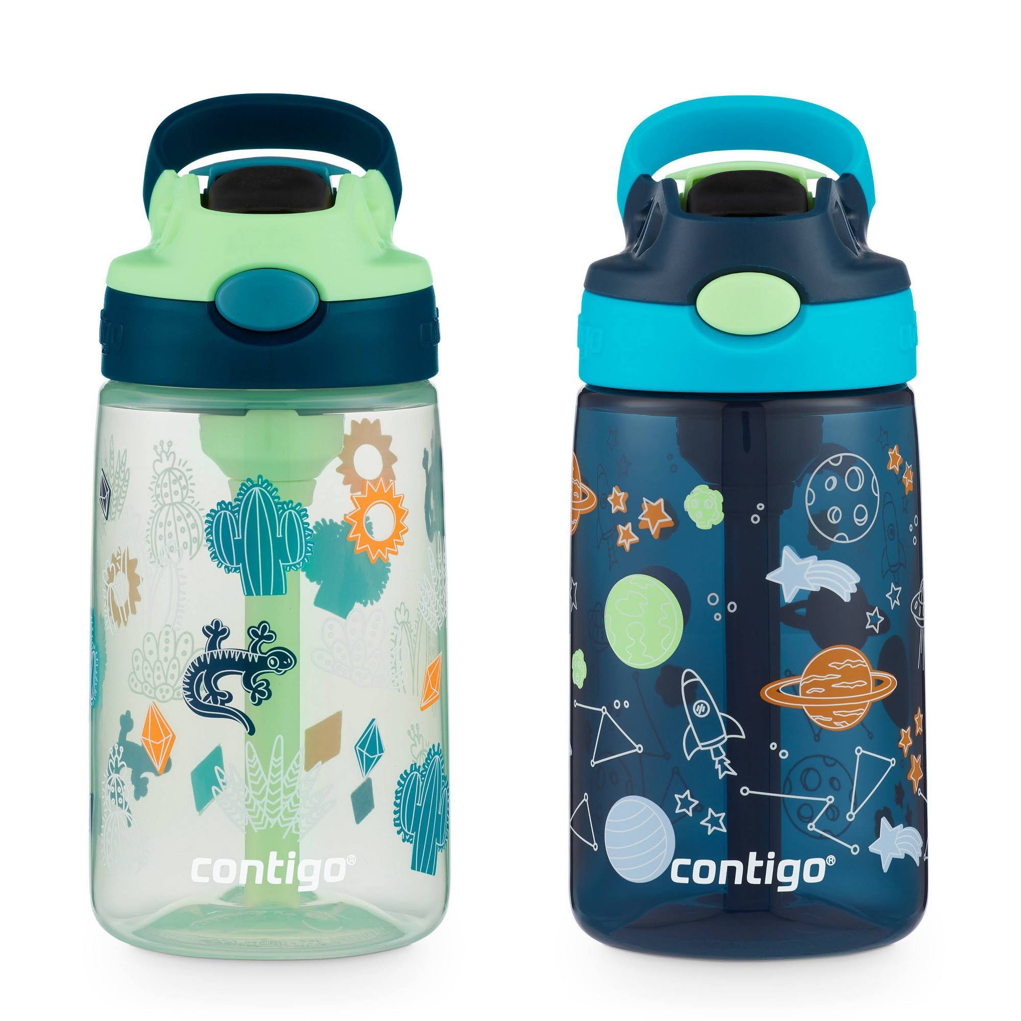34634a56d9391bbb45b2efef7e0deee292d08f054edb916c55bd99d16c92c91f.jpg Contigo 14oz 2pk Plastic Cleanable Kids' Water Bottles Green/Blue - Image 1