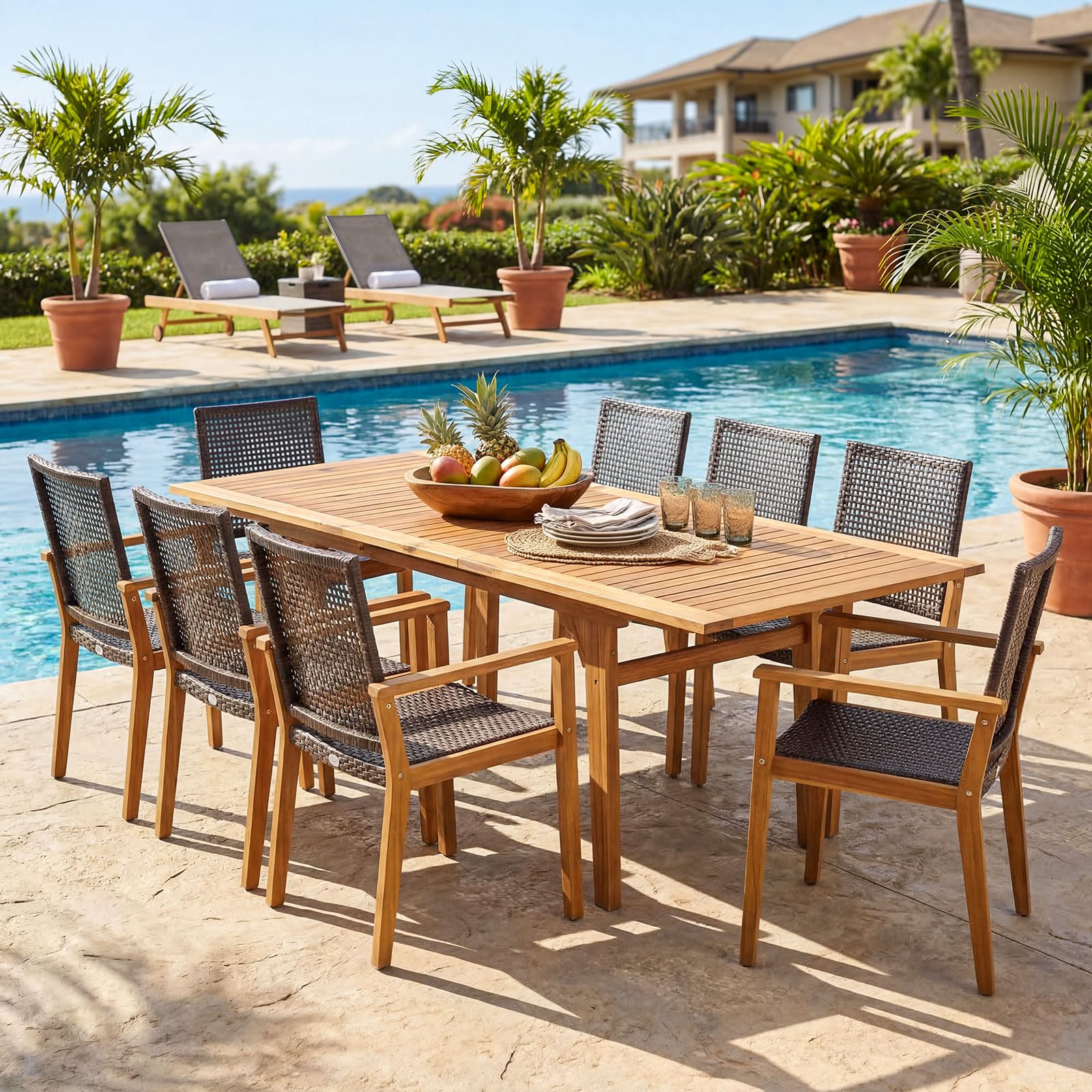 349ea7a4a4e38f7de51da1fc13068869a13e2bcb60f5371ba78a32a7fc864278.jpg Tangkula 9 Pieces Patio Table and Chairs Set with Acacia Wood Expandable Table and 8 PE Rattan Armchairs - Image 1