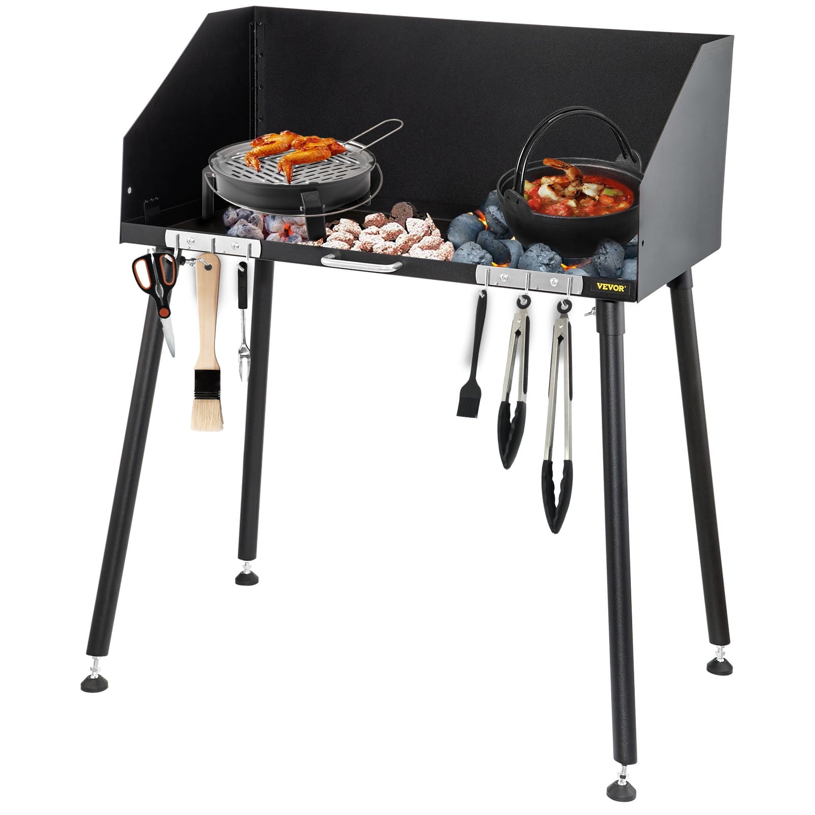 34bb86dc50d402d40cfcfcb9ed9a2e93da6b1444b4fb3a53ed47a441b3e6f4ee.jpg Carbon Steel Camp Cooking Table 38 x 16 inch with Three-Sided Windscreen and Legs for Outdoor Food Preparation and Dutch Oven - Image 1