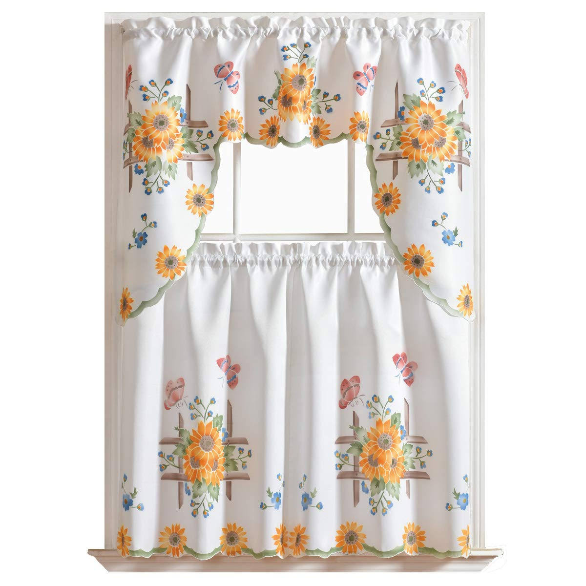 34c4b4dc214190e6cc093549e707cd5dbd8048b5430253d8f9367832e10f4ae7.jpg GOHD Golden Ocean Home Decor 3pcs Kitchen Cafe Curtain Set Air Brushed by Hand of Sunflower and Butterfly Design On Thick Satin Fabric (Swag and 36 - Image 1