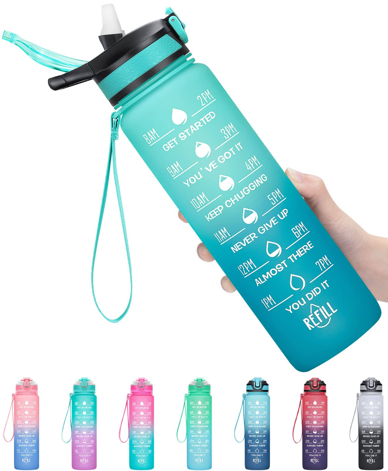 34cc73dd652f4e3e4a8fabae497571bc9d28698a93200cac88eb19eccb5a129e.jpg MEITAGIE 32oz Leakproof Motivational Sports Water Bottle with Straw & Time Marker, Flip Top Durable BPA Free Tritan Non-Toxic Frosted Bottle Perfect - Image 1