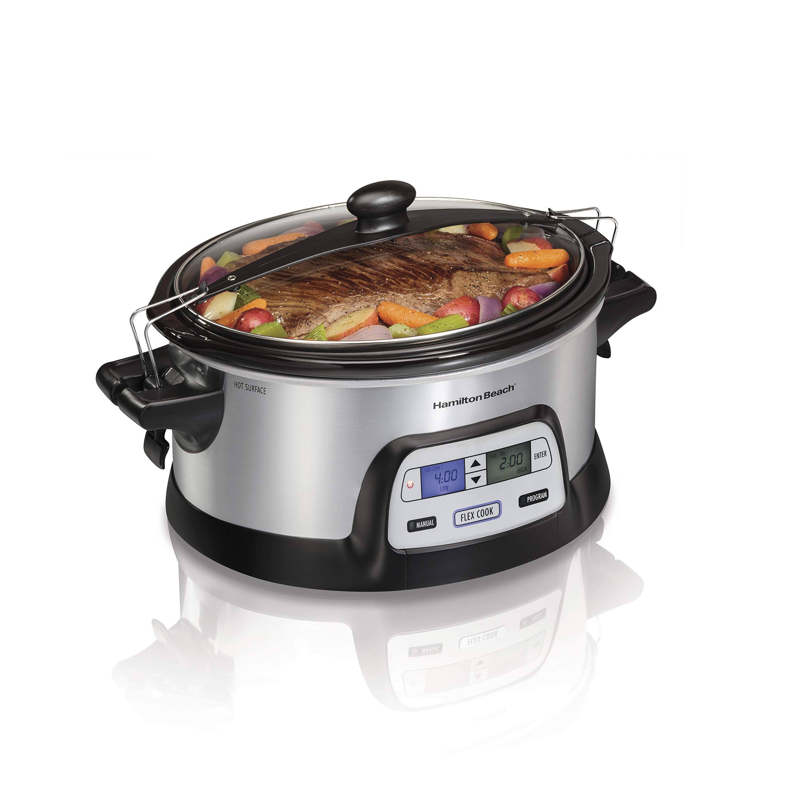353758281d44806084527e383879aa3745b26800f57186ee73cc5e4d252e9230.jpg Hamilton Beach FlexCook Slow Cooker, 6 qt, Silver - Image 1