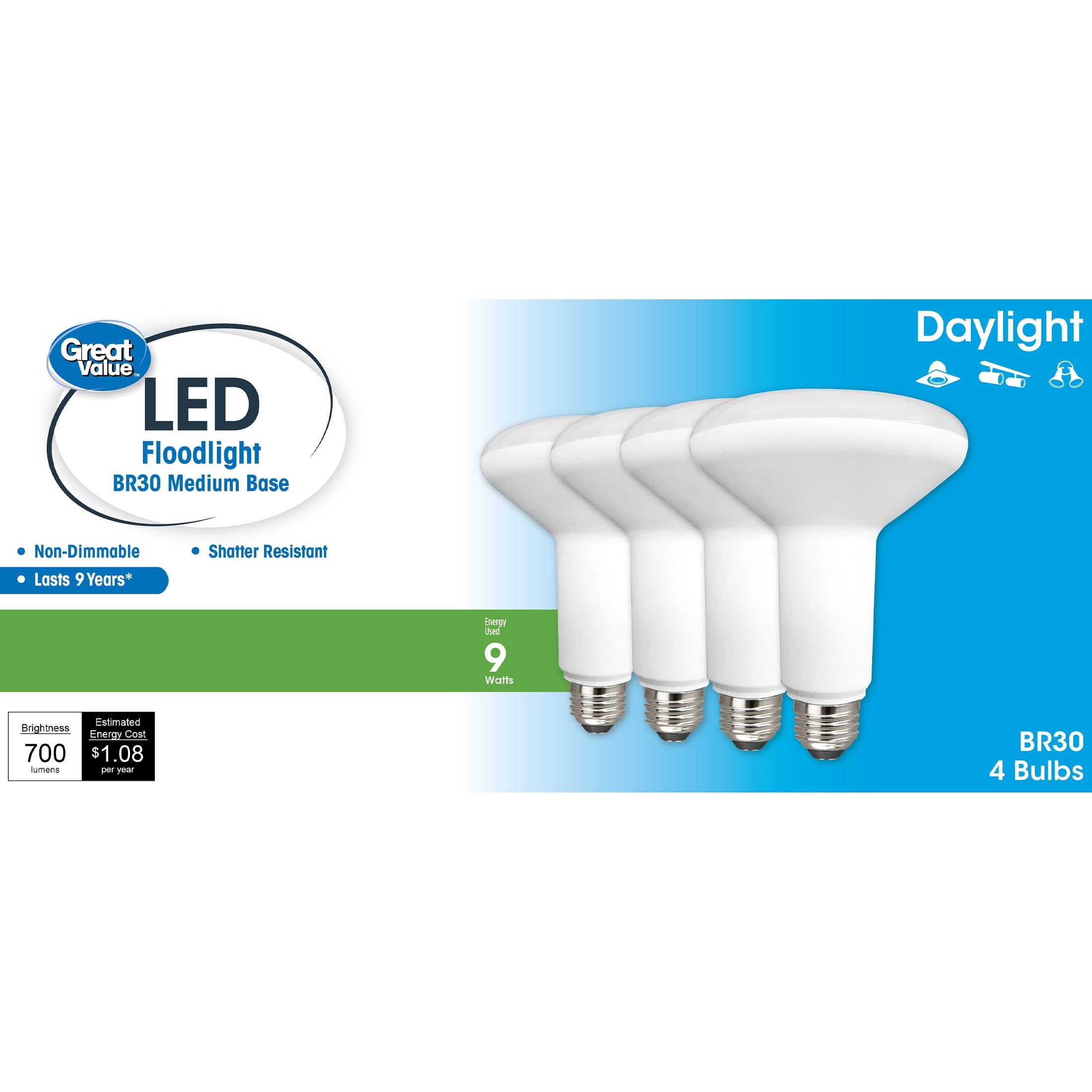 354b1c271d2ca8a062e0310c793202fe7b25c34ede1e4fc81d69e52e42c2ecd3.jpg Great Value LED Light Bulb, 9W (65w Equivalent) BR30 Floodlight Lamp E26 Medium Base, Non-Dimmable, Daylight, 4-Pack - Image 1