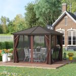 Outsunny 10' x 10' Outdoor Hardtop Patio Gazebo Steel Canopy with Aluminum Frame Curtains and Top Hook Dark Brown