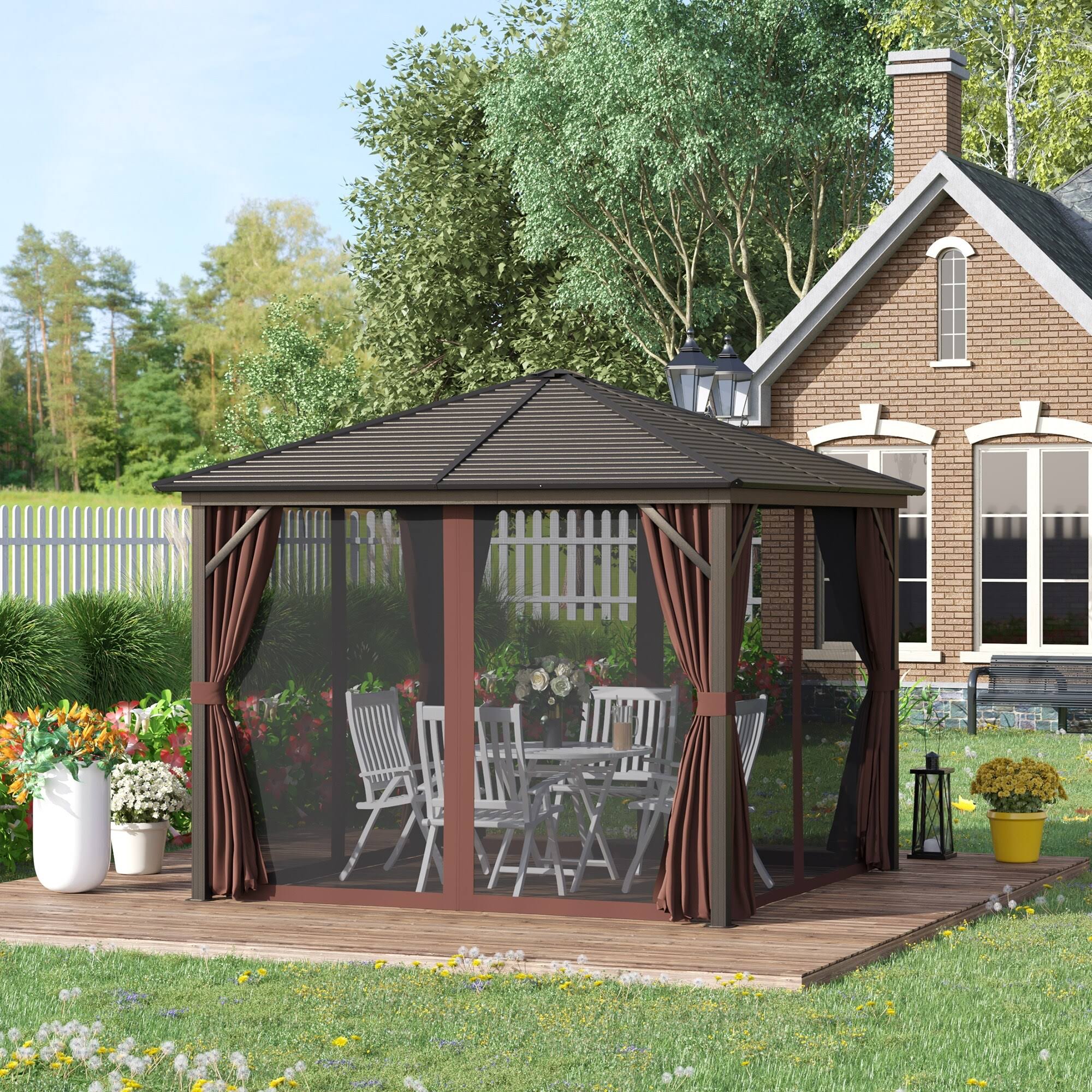 35ccabf56352108cbef00e49c3290ffe924502e8d397c023a8ae732091457031.jpg Outsunny 10' x 10' Outdoor Hardtop Patio Gazebo Steel Canopy with Aluminum Frame Curtains and Top Hook Dark Brown - Image 1