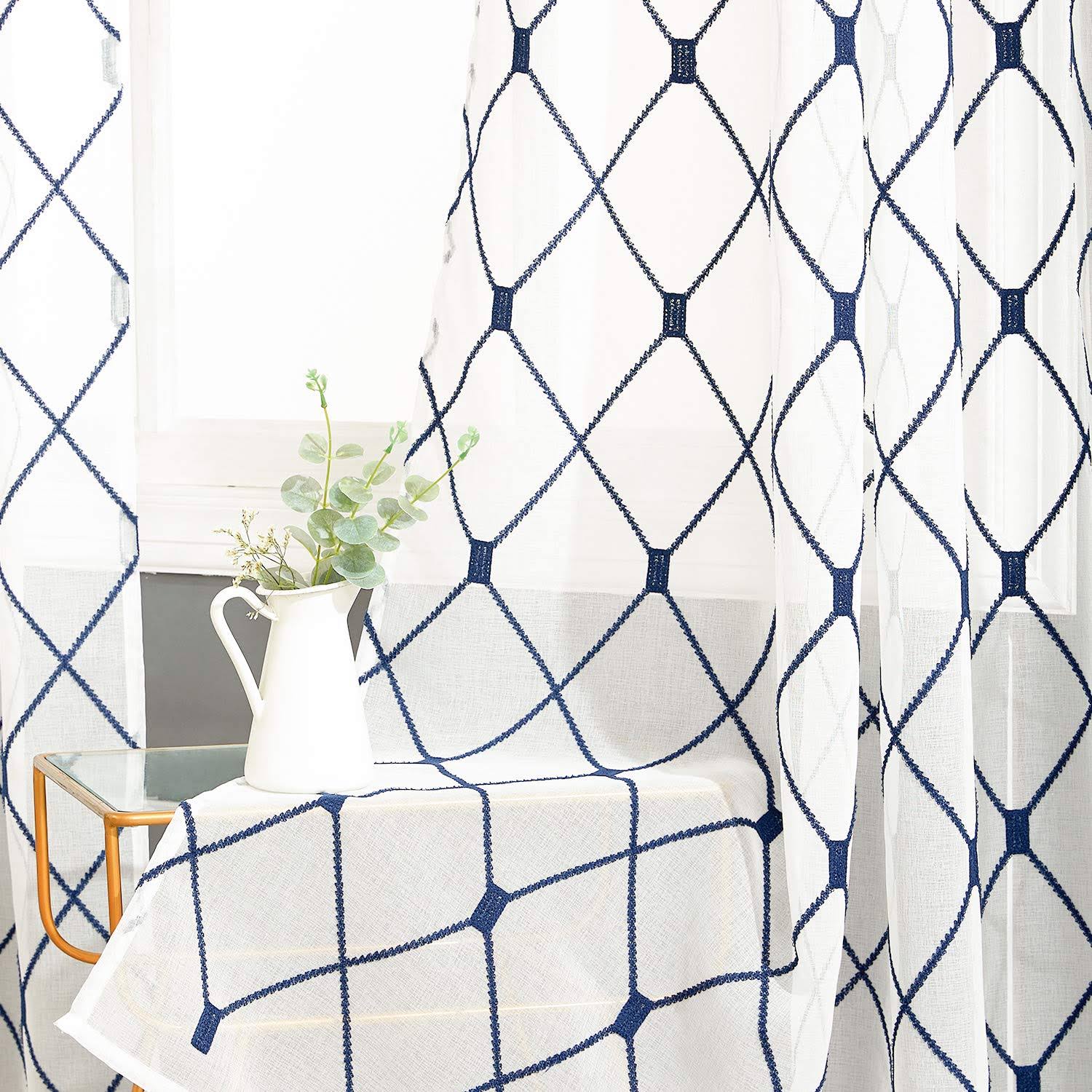 35da0b579d5ea9166089d077f93d005bc067bf04867dc5a13f70c4fb33e3fa51.jpg Top Finel White Sheer Curtains 63 inch Length Navy Blue Embroidered Diamond Grommet Window Curtains for Living Room Bedroom, 2 P - Image 1