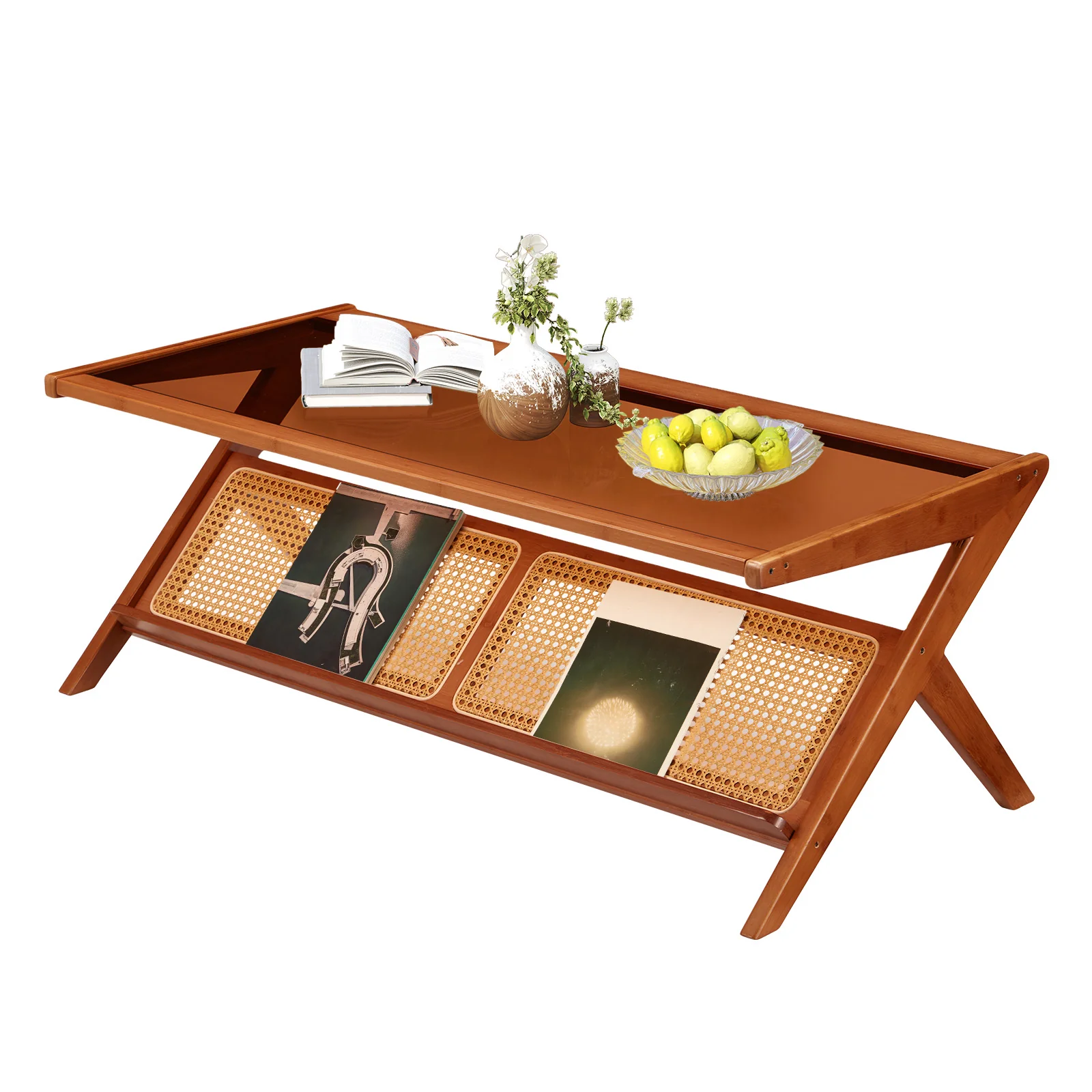 36063e5baf6d724515bbcbb840504047491c256d914ea9d191cf9d1054957e8e.webp AECOJOY 47" Mid-Century Modern Coffee Table with Glass Top, Bamboo Accent Bedside Tables - Image 1