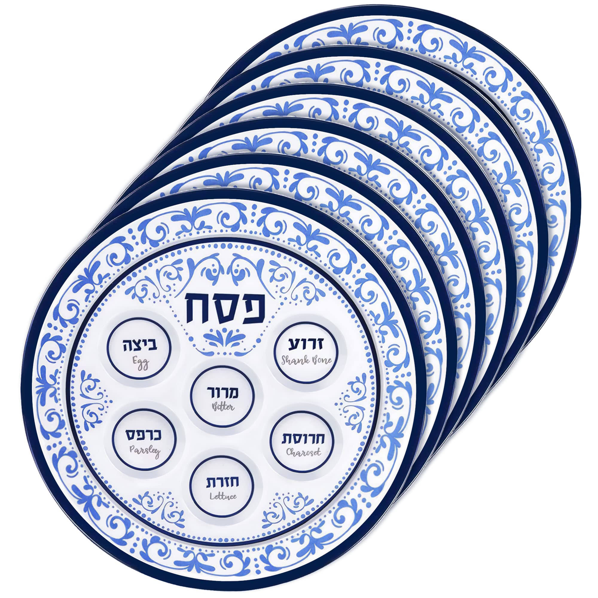 366a8a7a631d9312d19e1b0ea4320b9eba2df8b471619010fbc8e0e6807e5c09.jpg Zion Judaica Passover Seder Plates 12" Melamine Bulk Pack Seder Plates Floral Desgin Pesach Plate for Adults, Kids (6, Blue Renaissance) - Image 1