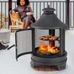 30" 2-in-1 Metal Chiminea Fire Pit with Adjustable Grill & Chimney, Outdoor Wood Burning Chiminea Fireplace with Spark Screen for Patio Backyard BBQ