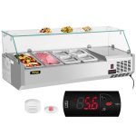 Refrigerated Condiment Prep Station. 48-inch. 10.8Qt Sandwich / Salad Prep Table w/ 3 1/3 Pans & 4 1/6 Pans. 146W Salad Bar w/ 304 Stainless Body Tempered Glass Shield Digital Panel Auto Defrost