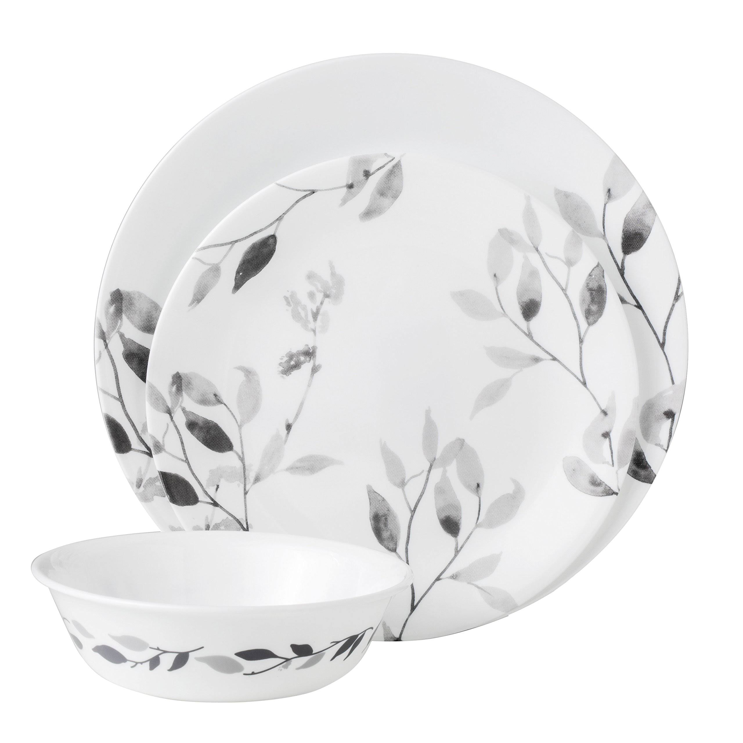 36908b627b37470fdc711374a1d9f61275f38b7ceff23c4a13a0a3723de158df.jpg Corelle 12-Piece Vitrelle Misty Leaves Chip and Break Resistant Dinner Set, Grey - Image 1