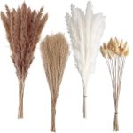 Naunauya 100 Pcs Boho Pampas Grass, Naturally Dried Pompas, Pampas Grass Decor for Wedding , Boho Party Decorations, Table Decor(Brown and White)