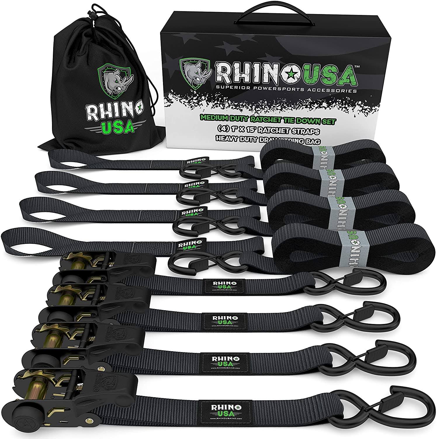 36d025eb6b5aac1016e5ccb4437b14a904f091ecc47822efbba01d9bdc3df973.jpg Rhino USA 1 inch x 15' Ratchet Tie-Down Set, 4 Pack, Blue - Image 1