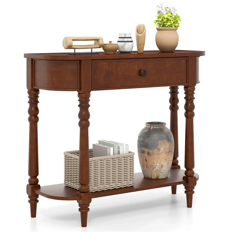 36e478665038b30a99d2dde93e26ecdcbd280a08d592a738305f56bfd5ce35bd.webp 36" 2-Tier Retro Console Table with Storage Drawer & Open Shelf, Solid Wood Narrow Entryway Sofa Table for Living Room, Foyer & Hallway - Image 1