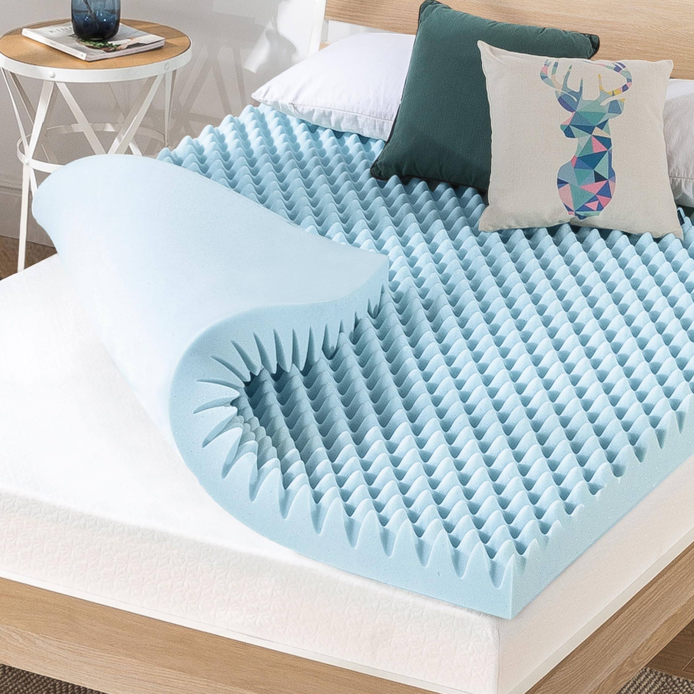 3781ba564a7354f535df1a4e9cd7e7cdd933cfc4336c31021252748d94633bb6.jpg Best Price Mattress 4 inch Egg Crate Memory Foam Mattress Topper with Cooling Gel Infusion, CertiPUR-US Certified, TwinXL Light Blue - Image 1