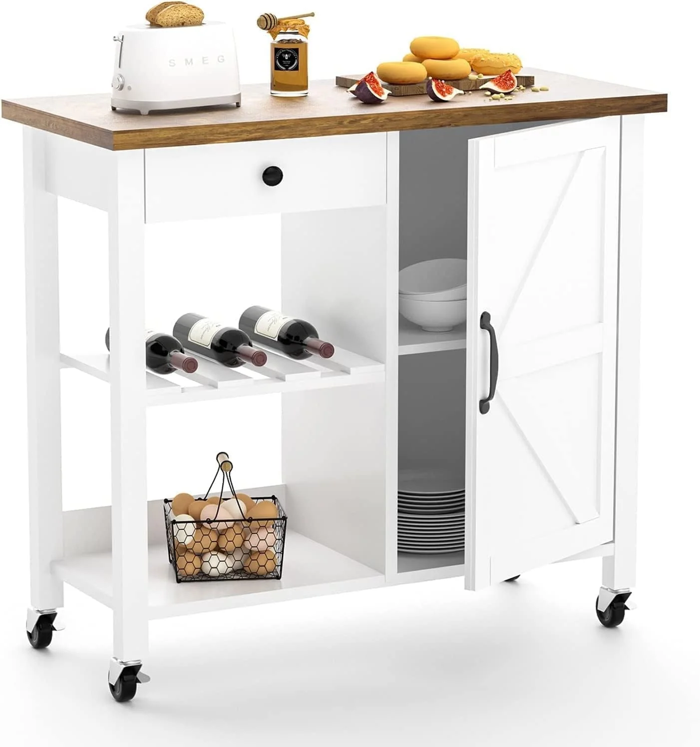 37ab37fd064150d62385a90982315fd80d120b9fa0a6e788d27f735faa95f300.webp Catrimown Farmhouse Kitchen Cart, Rolling Kitchen Cart with Storage, Microwave Stand Coffee Cart, White - Image 1