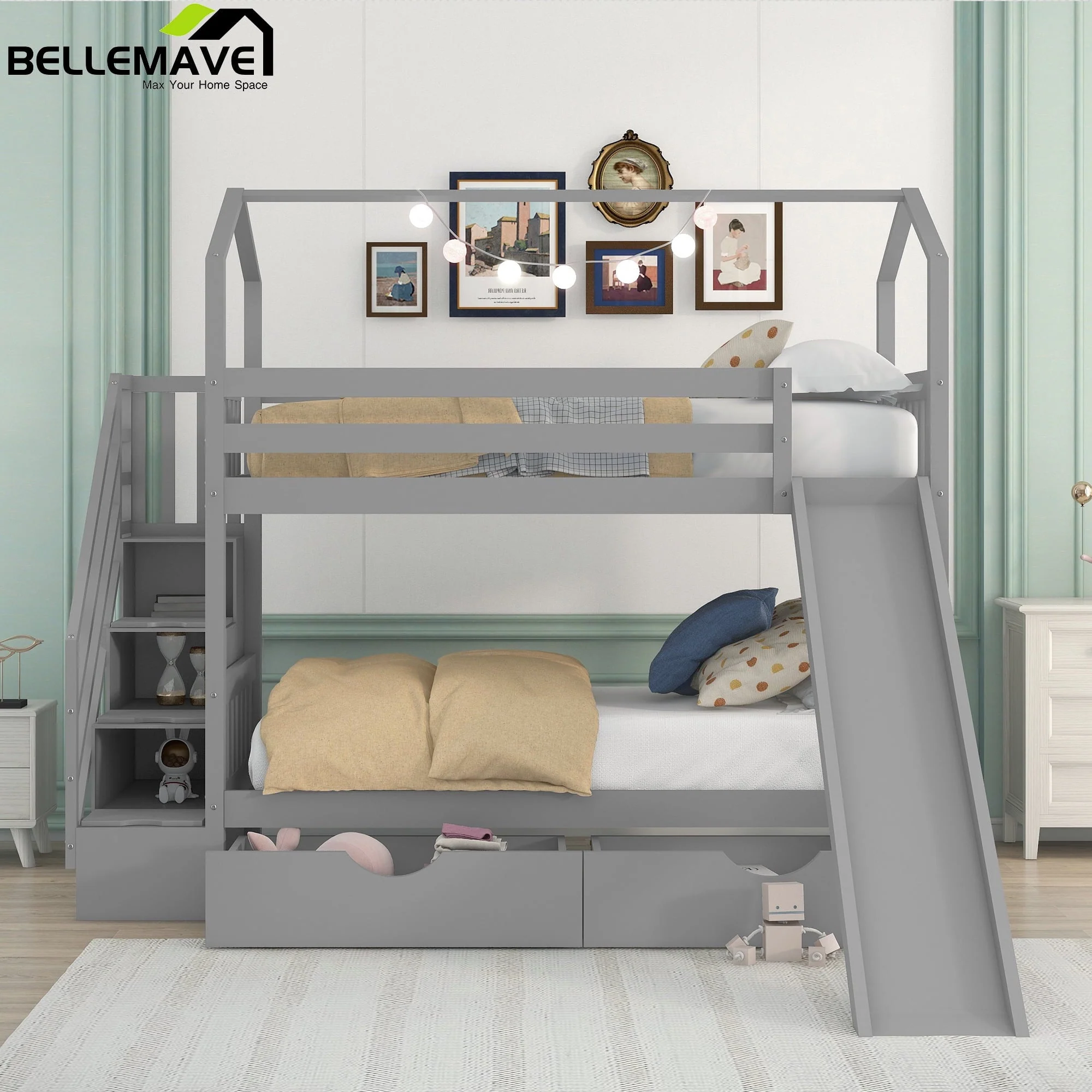 37d05ddae0612abe3974565e76d64ab6822298dd3c31c79fa200e91e89d60de7.webp Bellemave Twin Over Twin House Bunk Bed with Slide and Stairs, Wooden Bunk Bed with Storage Drawers, Playhouse Bed for Kids, Teens(Gray) - Image 1