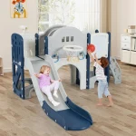 10 in 1 Toddler Slide Set, Kids Slide and Climber Playset with Magnetic Whiteboard, Basketball Hoop & Ring Toss, Indoor Playground for Ages 3+