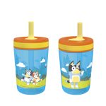 Zak Designs 15oz Bluey Kelso Travel Straw Tumbler Plastic and Silicone with Leak-Proof Valve for Kids, 2pcs Set, Bluey