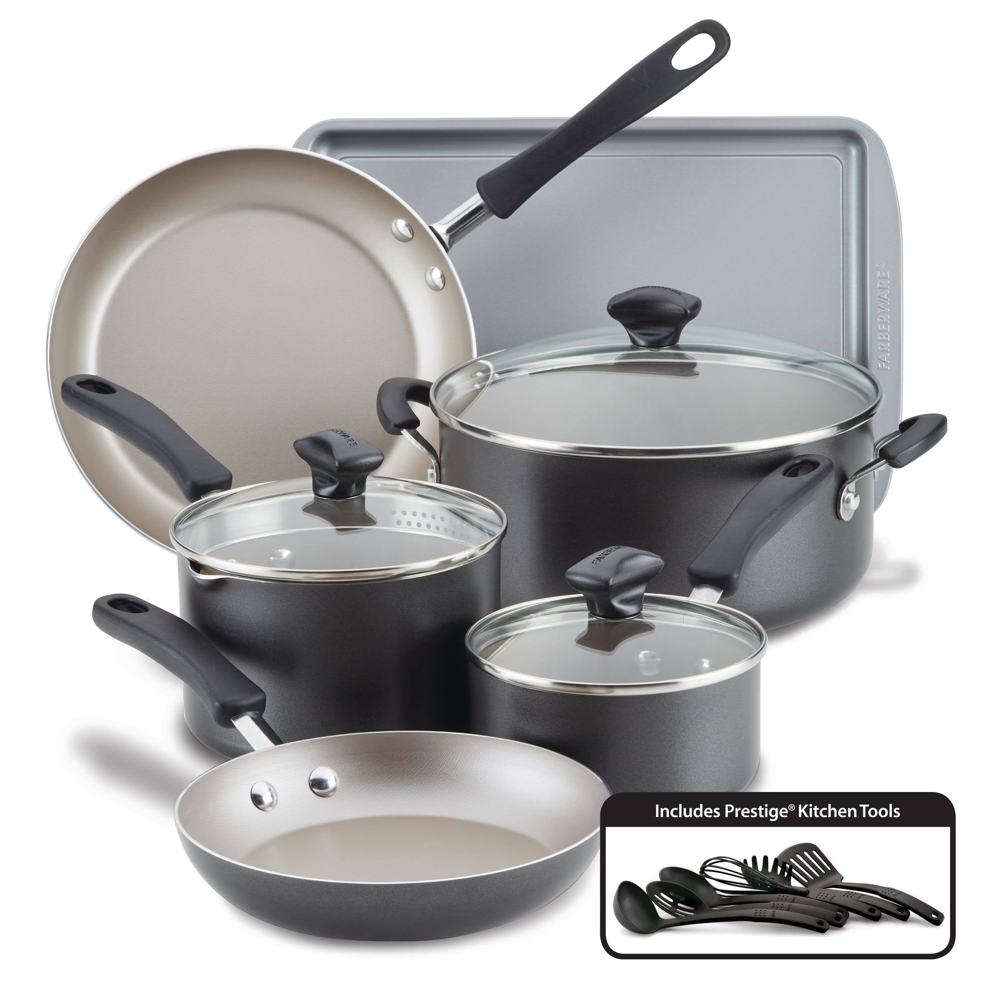 3852a456d99461c0e3da491448b35a816fd36300716ed7b74b69a04bc05cb912.jpg Cookstart 15-Pc. DiamondMax Nonstick Cookware Set Pewter - Image 1