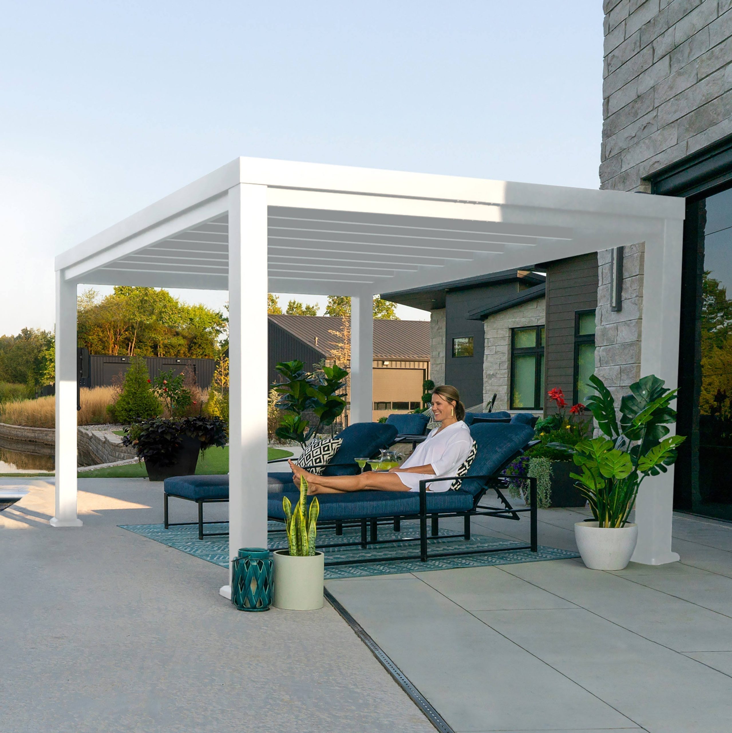 3879f3be762769ddfe0513eae9fec0534261b52ff6206c58e9e9cce818a2a905.jpg 12x10 Windham Modern Steel Pergola with Sail Shade Soft Canopy - Image 1