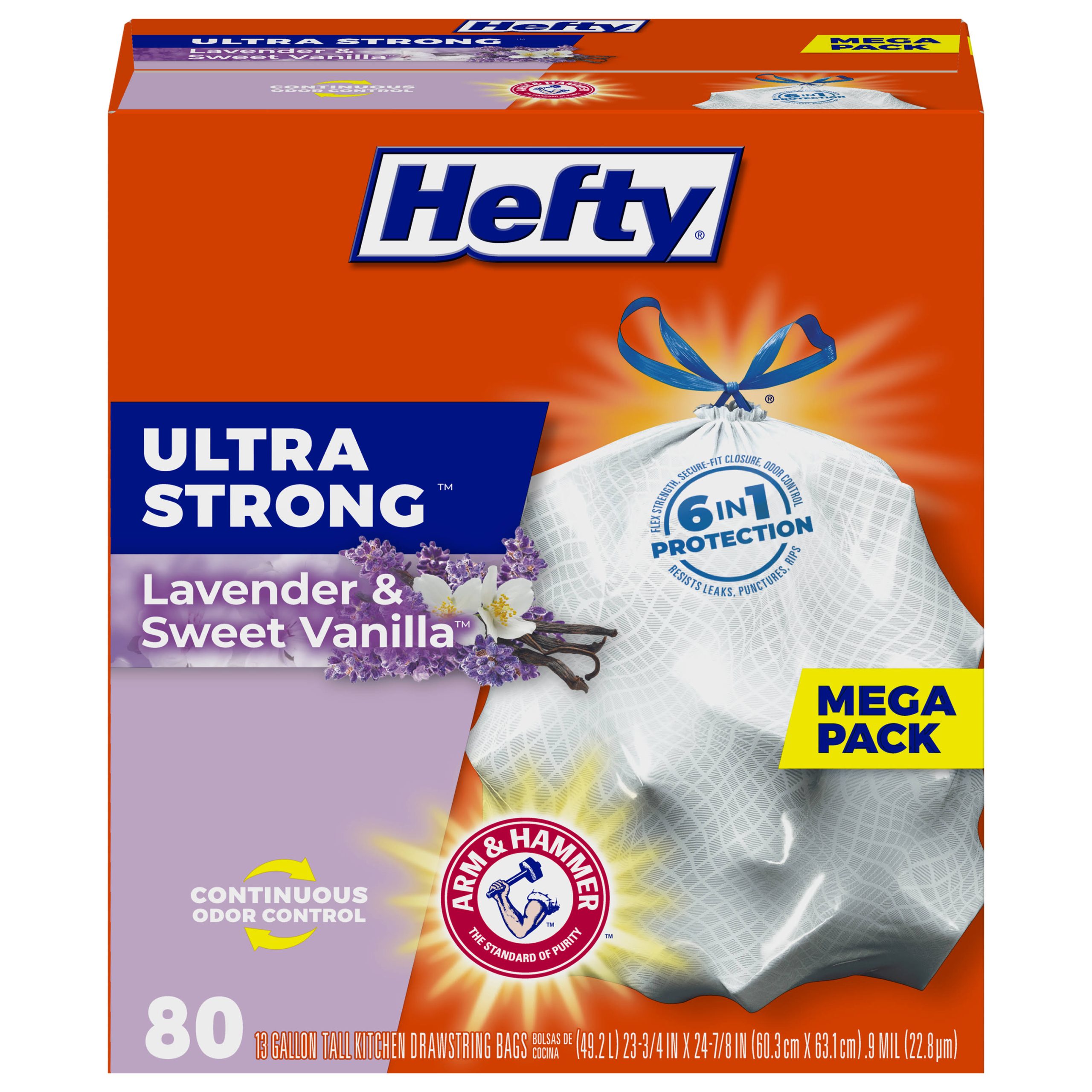 387aebffd66c2de94c20645d84885d85162325296873596bd07fd96e255a4d78.jpg Hefty Ultra Strong Tall Kitchen Bags, Drawstring, Lavender & Sweet Vanilla, 13 Gallon, Mega Pack - 80 kitchen bags - Image 1