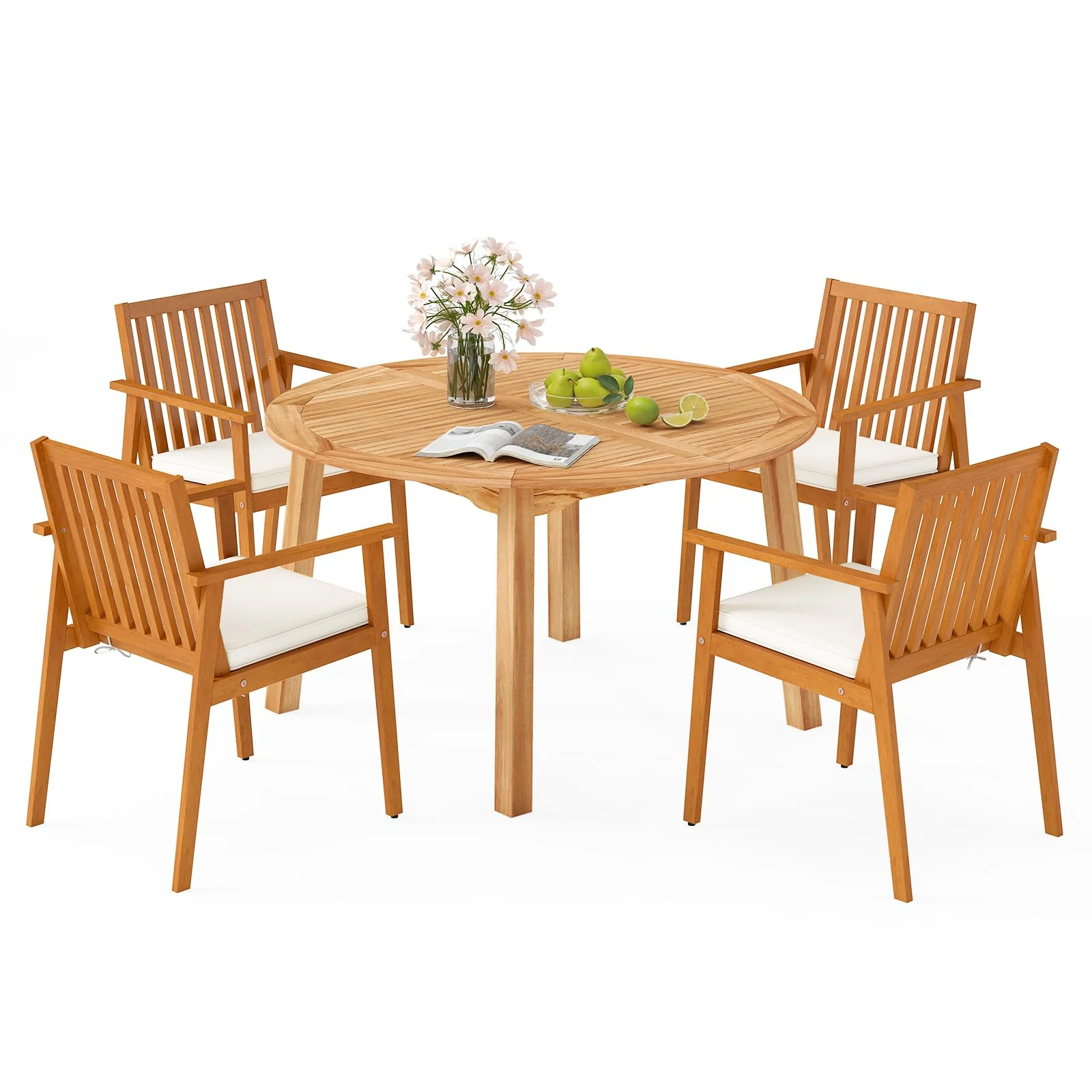 38a54e4889e1b486dea566c6a2f9b5374d4d95815a161774d9a3a640164a5167.webp Tangkula 5 Pieces Outdoor Acacia Table and Chairs with Umbrella Hole and Soft Cushions - Image 1