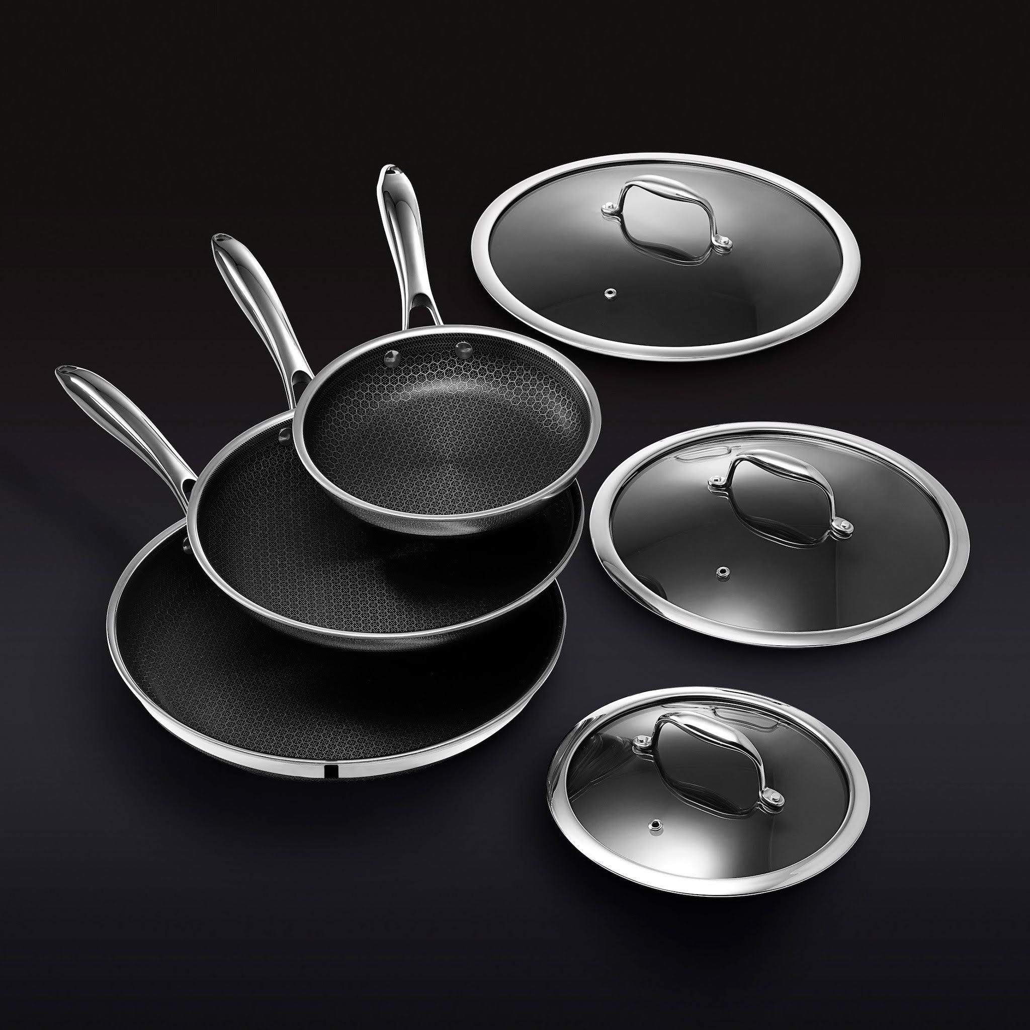 38b5ba2b7bd5236e238403c27b45a246c303523164ff30481034628ef47438d0.jpg HexClad 6 Piece Hybrid Stainless Steel Cookware Pan Set 8 inch, 10 inch, 12 inch with Glass Lids, Size: One size, Black - Image 1