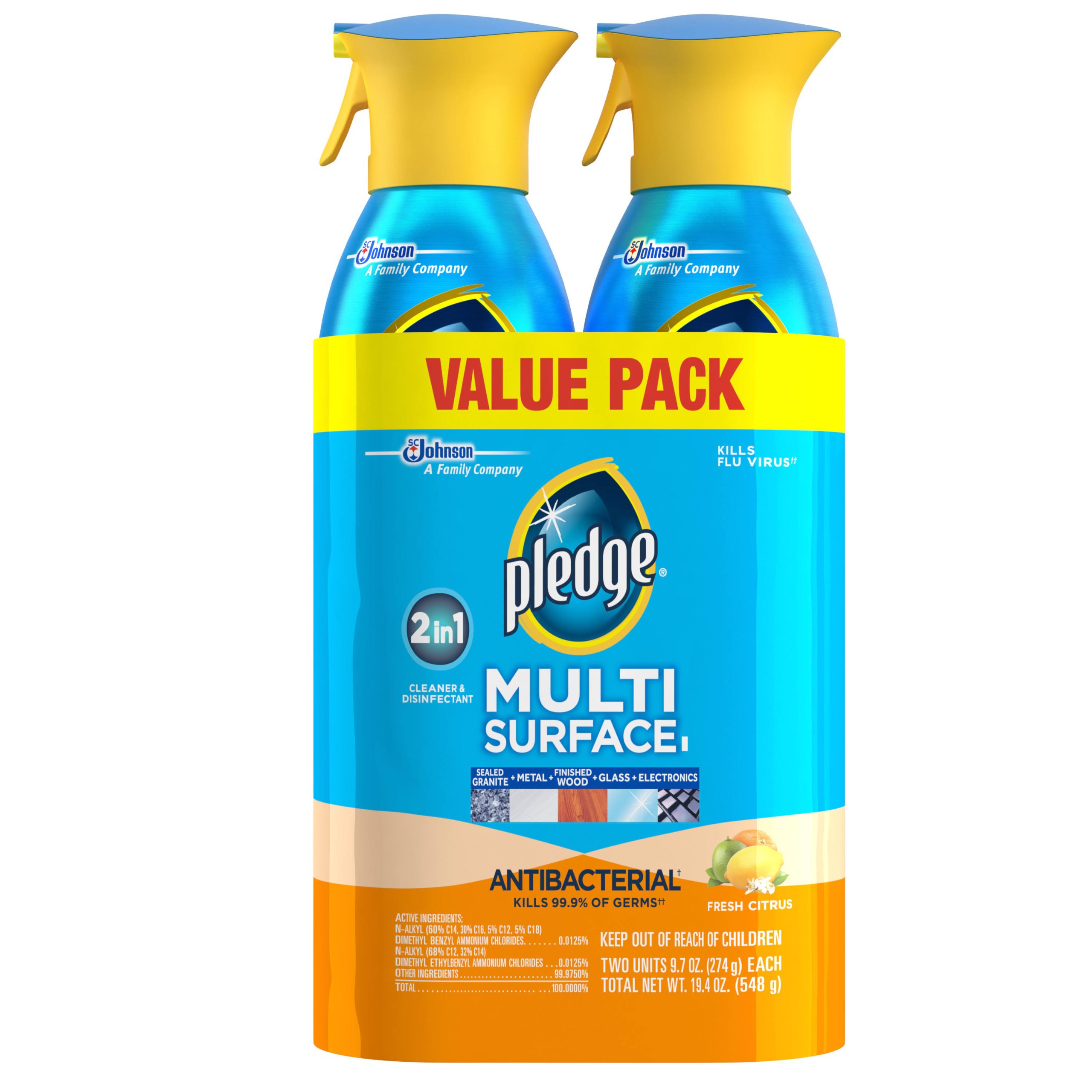 38edc5a3469ed11e5970a364103835ca73bed9ed26daf3257e481d0ce4190cee.jpg Pledge Antibacterial Multisurface Cleaner, Fresh Citrus, 2 ct, 9.7 oz - Image 1