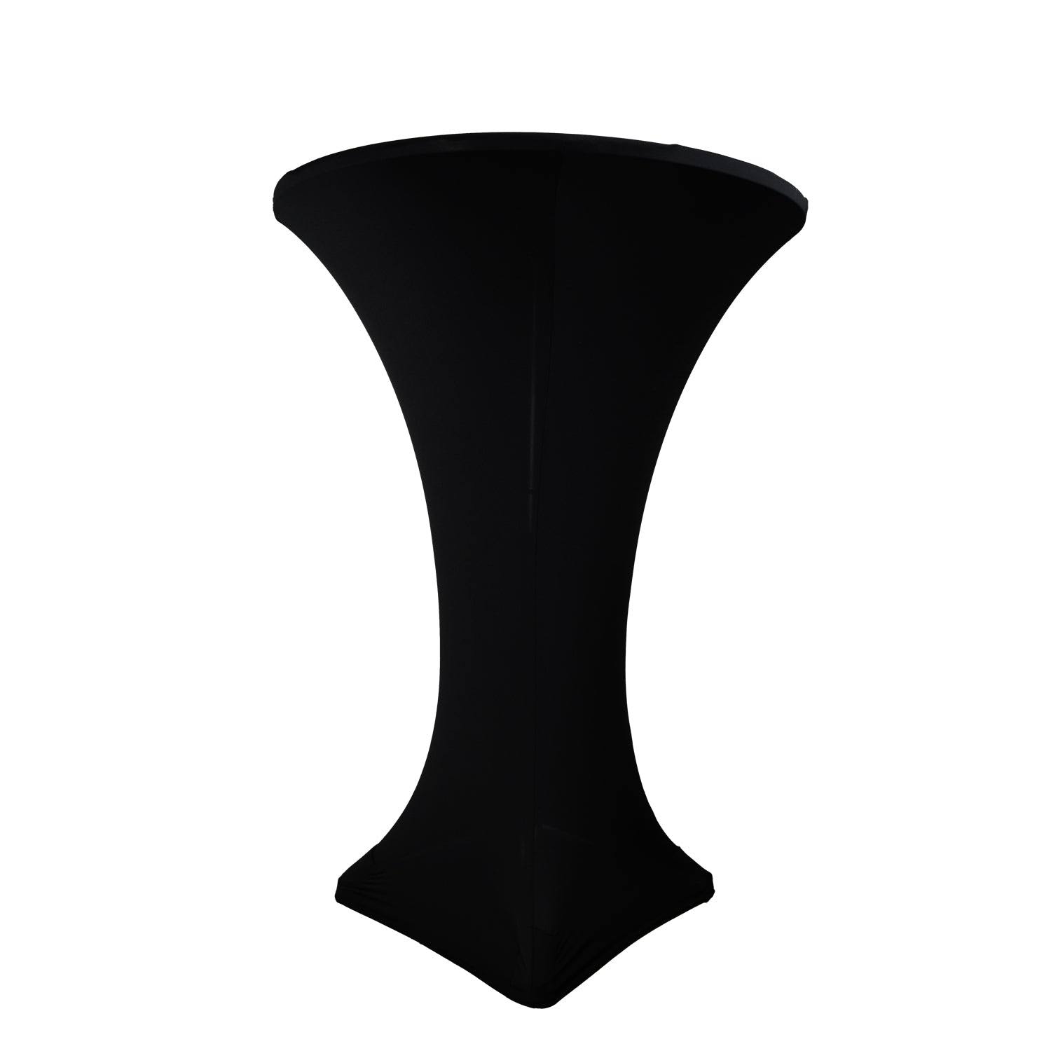 38f3a3fdbf48b8d90c7078a245bf6c0ab0e644825dc15798e543a7254c45bbdb.jpg Spandex Cocktail Table Cover 30" Round - Black - Image 1