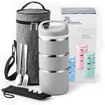 Lille Home Stackable Stainless Steel Thermal Compartment Lunch/Snack Box, 3-Tier Insulated Bento/Food Container with Upgraded Lunch Bag, Portable