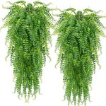 Clong 2 Pcs Artificial Hanging Ferns Plants Vine Fake Ivy Boston Fern Hanging Plant Outdoor UV Resistant Plastic Plants (Green)