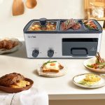 4 in 1 Breakfast Maker Station with Indoor Grill/Griddle/Toast Drawer/Frying Basket, Removable Nonstick Plates, Dual Temperature Control, Silver