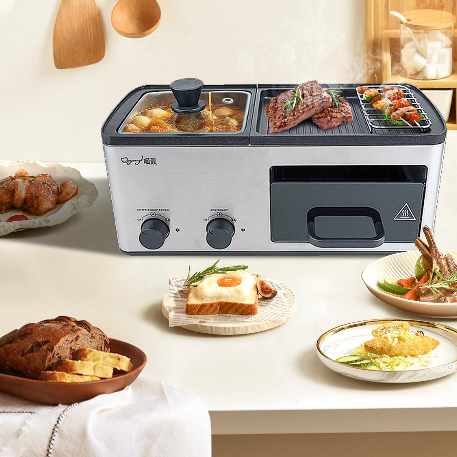 391b5a65d3eceb4d6019623ed573db3245eadb1ed9caab86965441274908662d.jpg 4 in 1 Breakfast Maker Station with Indoor Grill/Griddle/Toast Drawer/Frying Basket, Removable Nonstick Plates, Dual Temperature Control, Silver - Image 1
