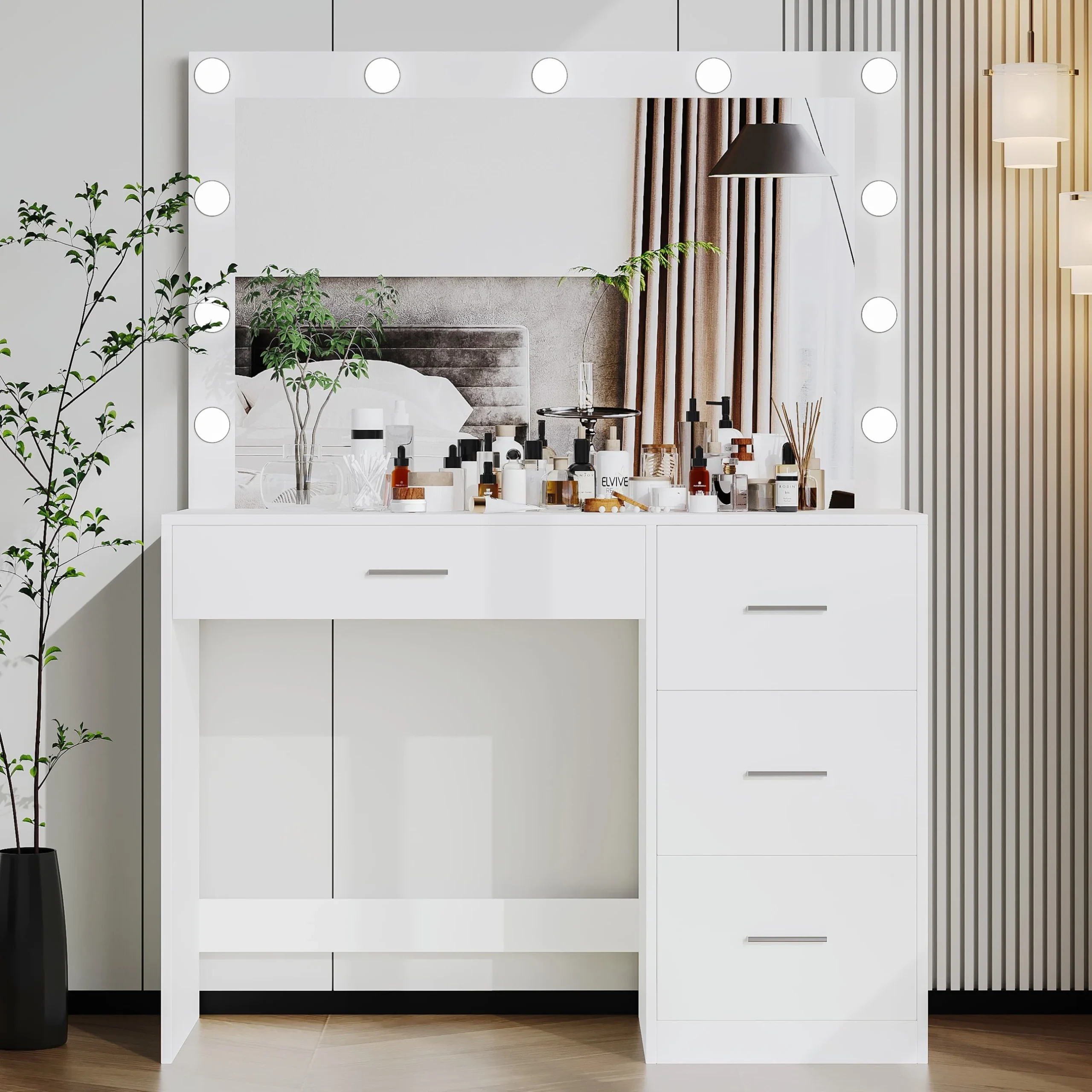 39e81ec5e1ddcd6d205973410cd264b8a168bc9788a8f59d8621c09585b3cbce.webp Modern Makeup Vanity Table with Lights, Vanity Desk with Mirror, 4 Drawers, Dressing Table, White - Image 1